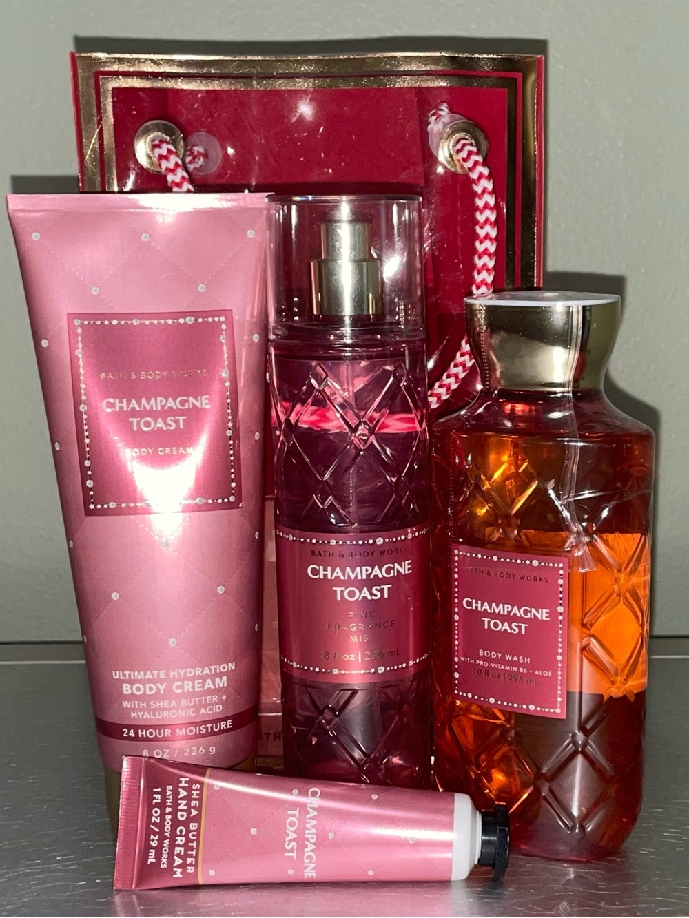 CHAMPAGNE TOAST Four Piece Bundle + Reusable Gift Bag Bath & Body Works